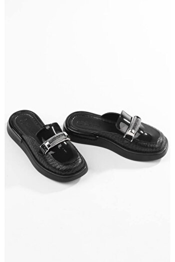 PARİS Papuci de damă cu piele neagră cu accesorii elegante