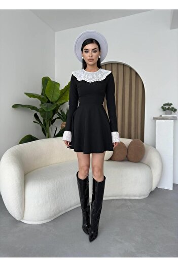 conconmoda Δαντελένιο γιακά μαύρο μίντι φόρεμα