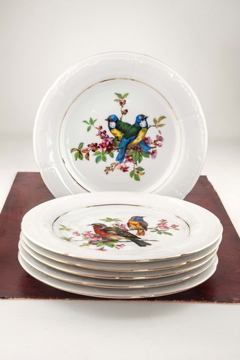 Bursa Porselen Dekor Colorful Birds Gold Gilt 6 Piece Serving Plate