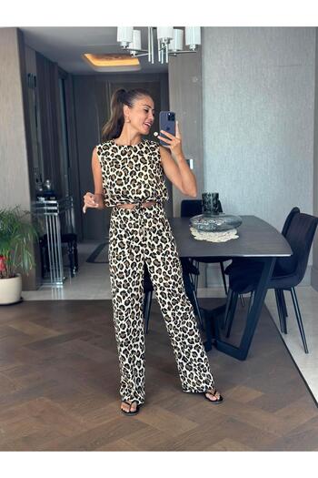 Forlady4 Leopard Print Adjustable Lace-Up Women's Blouse and Trousers Set - Zero Sleeve