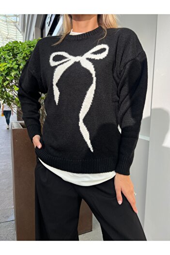 B2K FASHION Black Bow Detailed Crew Neck Women's Sweater