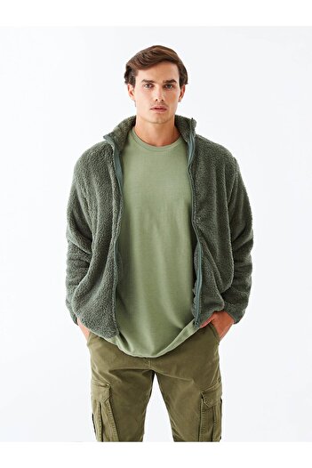 Ltb Plain Stand Collar Zippered Regular Fit Green Sweatshirt