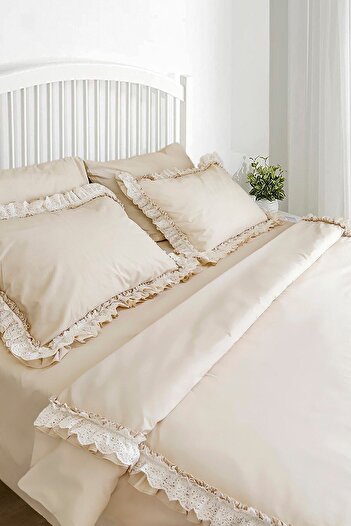 RİTMOHOME King Size Oversize Double Light Beige Frilly Scalloped Cotton Retro Series Duvet Cover Set