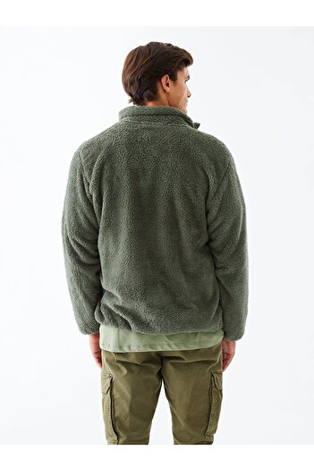 Ltb Plain Stand Collar Zippered Regular Fit Green Sweatshirt