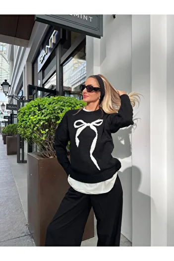 B2K FASHION Black Bow Detailed Crew Neck Women's Sweater