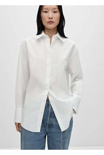 MANGO Woman Oversize Poplin Shirt with Embroidery Detail