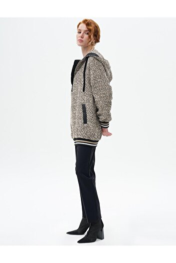 Kayra Black-Beige Hooded Ribbed Jacket