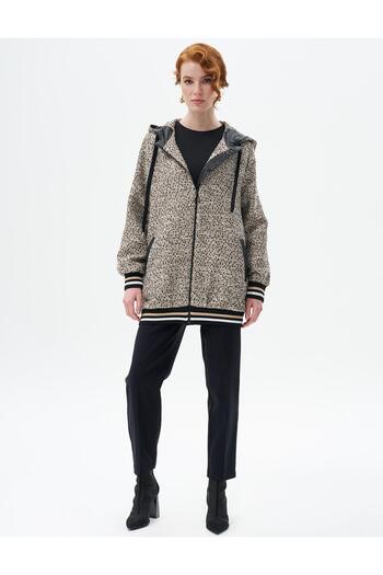 Kayra Black-Beige Hooded Ribbed Jacket