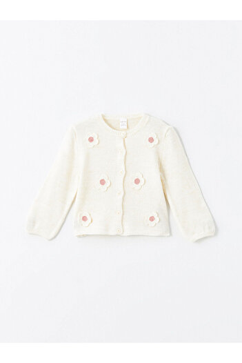 LC Waikiki Lcw Crew Neck Flower Embroidered Girl's Knitwear Cardigan
