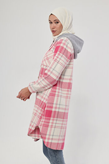 Giyim Gezegeni Pink Single Pocket Combed Cotton Hat Hooded Women's Lumberjack Tunic Shirt Sleeve Elastic