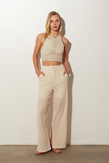 SHERIN Ecru High Waist Wide Leg Linen Slit Trousers