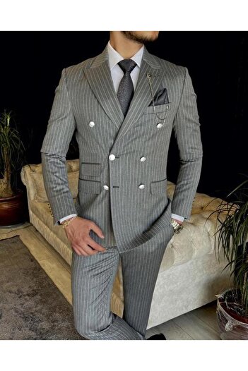 TerziAdemAltun Italian Style Gray Striped Double Breasted Jacket and Trousers Set - T10707