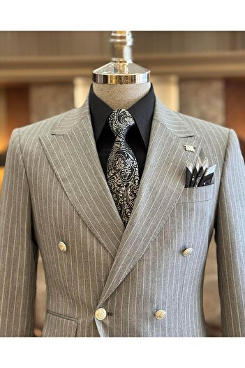 TerziAdemAltun Italian Style Gray Double Breasted Jacket and Pants Set - 8 Drop Stripes T10706