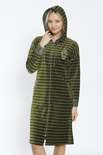 İntensive Women's Long Sleeve Embroidery Hooded Zipper Pocket Cotton Velvet Dress