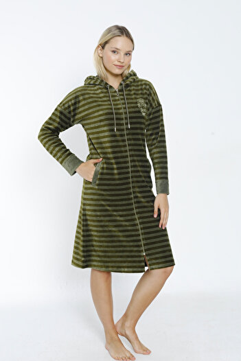 İntensive Women's Long Sleeve Embroidery Hooded Zipper Pocket Cotton Velvet Dress