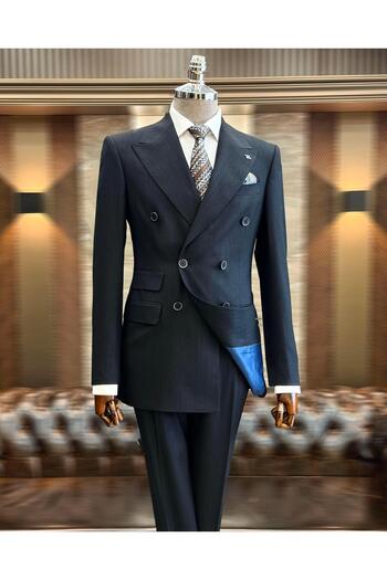 TerziAdemAltun Синій Slim Fit смугастий піджак і брюки - T11687