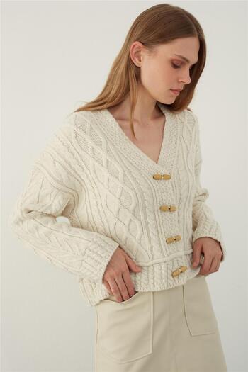SHERIN Beige Shepherd's Button Braided Knitted Cardigan