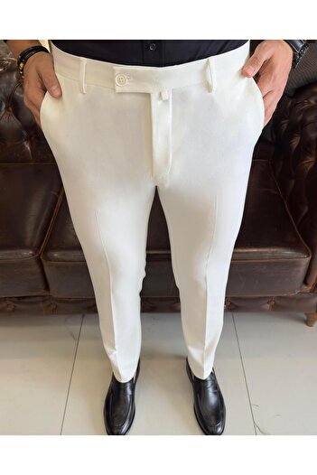 TerziAdemAltun Italian style slim fit men's fabric pants ecru T9765