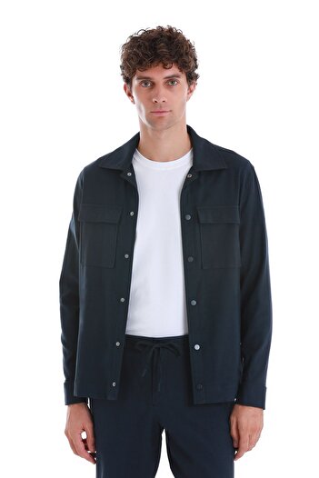 Hatemoğlu Lacivert Slim Fit Düz Mono Yaka Pamuklu Overshirt Takım