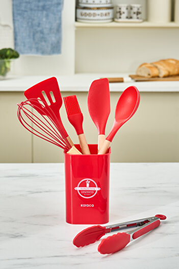 Karaca Zoey 7-Piece Red Beech Handle Silicone Head with Stand Service Set