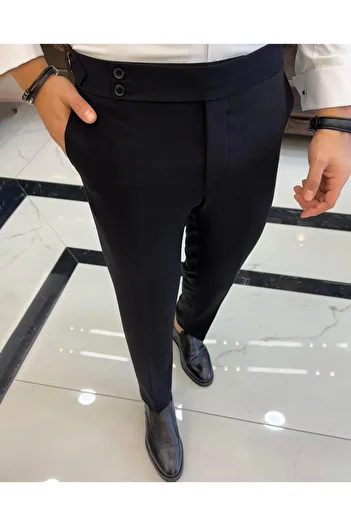 TerziAdemAltun Italian style slim fit waist detailed men's trousers black T10560