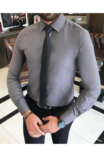 TerziAdemAltun Італійський стиль slim fit чоловічий краватка комір сорочка Сірий T8739