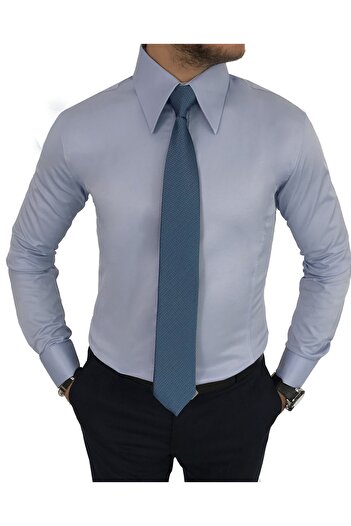TerziAdemAltun Італійський стиль Slim Fit гострий комір сатенена чоловіча сорочка синя T7215