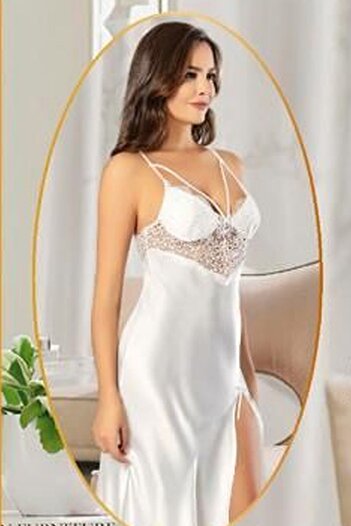 Xses 2104 Women's Satin Dressing Gown Nightgown Set-Ecru