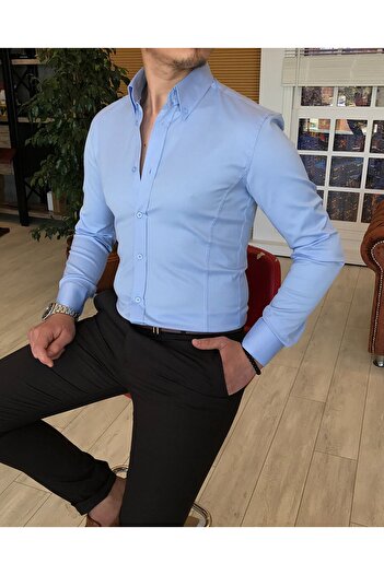 TerziAdemAltun Італійський стиль Slim Fit з прямим коміром Сатинова сорочка для чоловіків Синя T4750