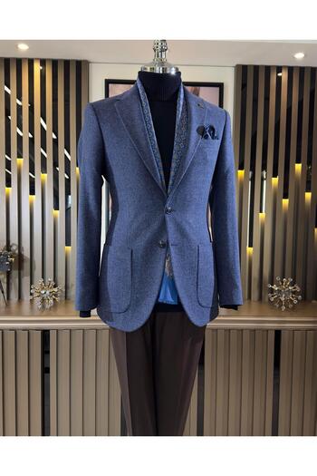 TerziAdemAltun Jachetă pentru bărbați, în stil italian, slim fit, cu guler mono, albastru T10929