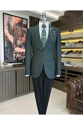 TerziAdemAltun Italian style slim fit mono collar plaid men's jacket green T10749