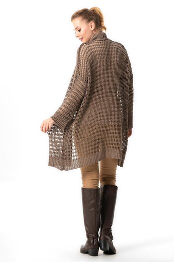 Eliş Şile Bezi Ümran Openwork Mink Long Knitwear Cardigan - Autumn and Winter