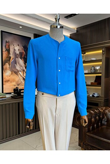 TerziAdemAltun Ανδρικό πουκάμισο χωρίς γιακά Blue Slim Fit Italian Style - T11875