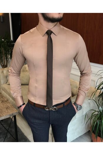 TerziAdemAltun Italian Style Slim Fit Men's Tie Collar Shirt Mink T6820