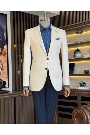 TerziAdemAltun Men's Slim Fit Mono Collar Bag Pocket Jacket - Cream T11505