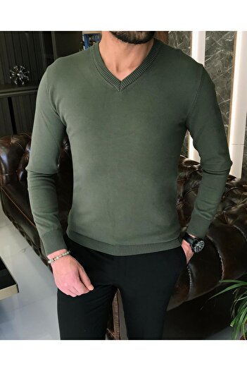 TerziAdemAltun Italian Style Slim Fit Men's V-Neck Knitwear Sweater Khaki T8733