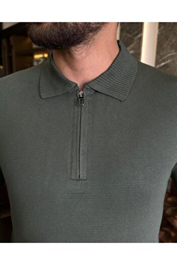 TerziAdemAltun Khaki Men's Knitwear Sweater - Italian Style, Slim Fit, Zip Collar T10208
