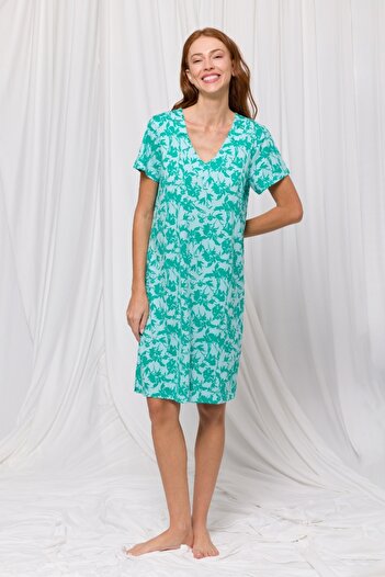 Woody Rochie cu decolteu în V-Xdg - 979-Motiv frunze albastru