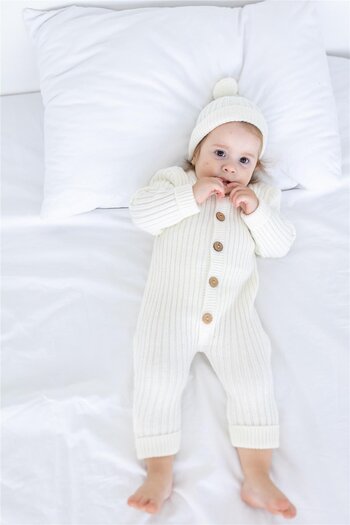 miabambim Ecru Knitwear Baby Jumpsuit Set - Beret