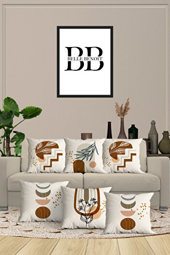 Belle Benoit Set of 6 Bohemian Beige Design Double Sided Printed, Decorative, Sofa Pillow Cover, Throw Pillow Cover