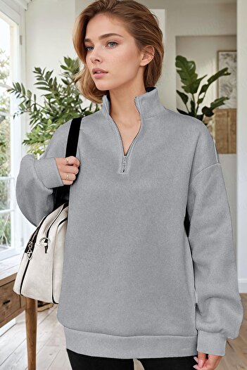 Millionaire Women's Gray Turtleneck 3 Thread Fleece Inside Ribbed Oversize Sweatshirt