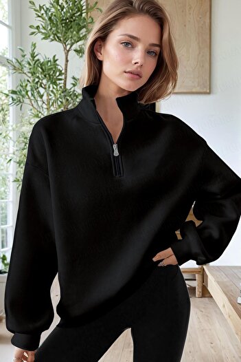 Millionaire Women's Black Turtleneck 3 Thread Fleece Inside Ribbed Oversize Sweatshirt