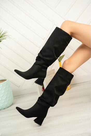 Aymood Syt-2002 Black Suede Gusseted Thick Heeled Daily Boots