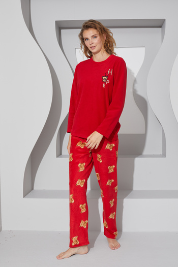 Siyah İnci Red Embroidered Lower-Upper Fleece Pajama Set 24223075