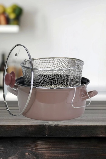 PR HOME Enamel Glass Lid Frying Pan 24 cm Light Brown