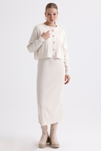 MD trend Women's Crew Neck Crop Cardigan and Strap Ribbed Dress Double Knitwear Set