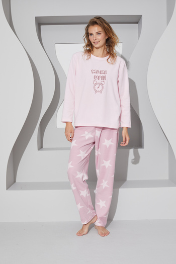 Siyah İnci Pink Embroidered Lower-Upper Fleece Pajama Set 24223070