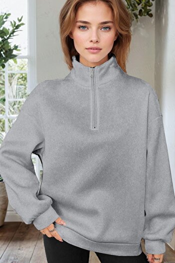 Millionaire Kadın Gri Balıkçı Yaka 3 Iplik Içi Polarlı Şardonlu Oversize Sweatshirt