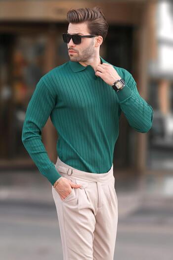 Madmext Long Sleeve Green Striped Polo Sweater - 7239