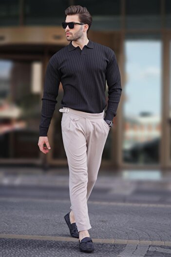 Madmext Polo Neck Striped Black Sweater - Long Sleeve 7239